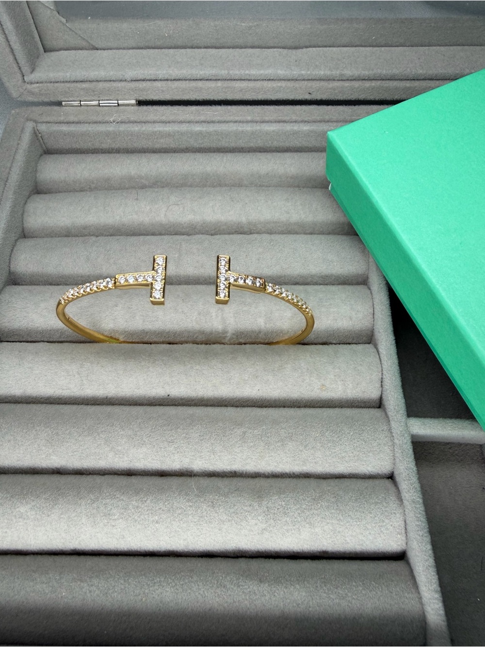 Gold Pavé T-Bar Open Cuff Bracelet with Clear Crystals